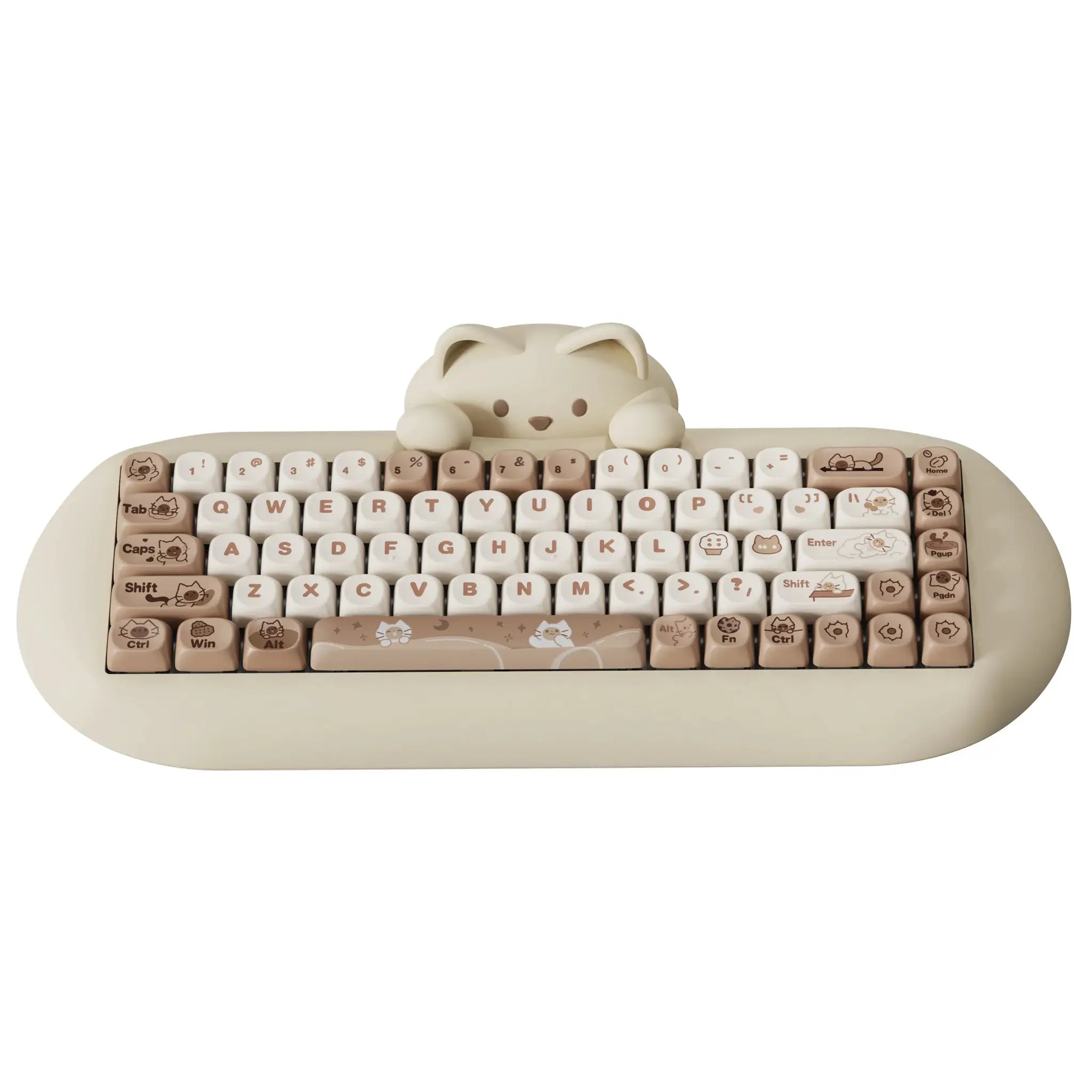 YUNZII C68 wireless mechanical keyboard with cat-themed beige keycaps and a silicone kitty figure by Simples Market