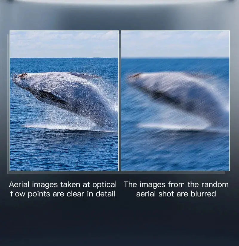Lenovo SG901 MAX drone by Simples Market; two-panel aerial images comparing sharp vs blurred whale shots.