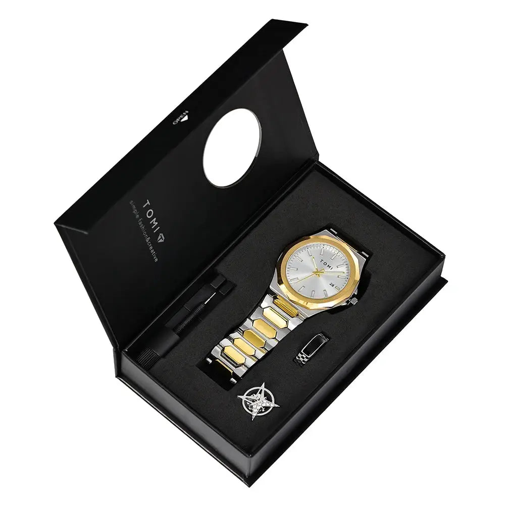 TOMI Luxury Mens Quartz Watch Gift Box Set Rose Gold Case Minimalist Numberless Dial With Calendar Feature