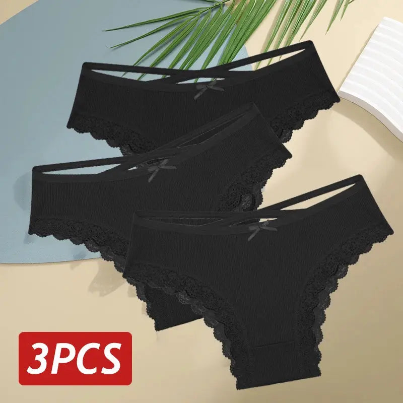 3-piece set of black women's cotton panties with lace trim and bow accents
