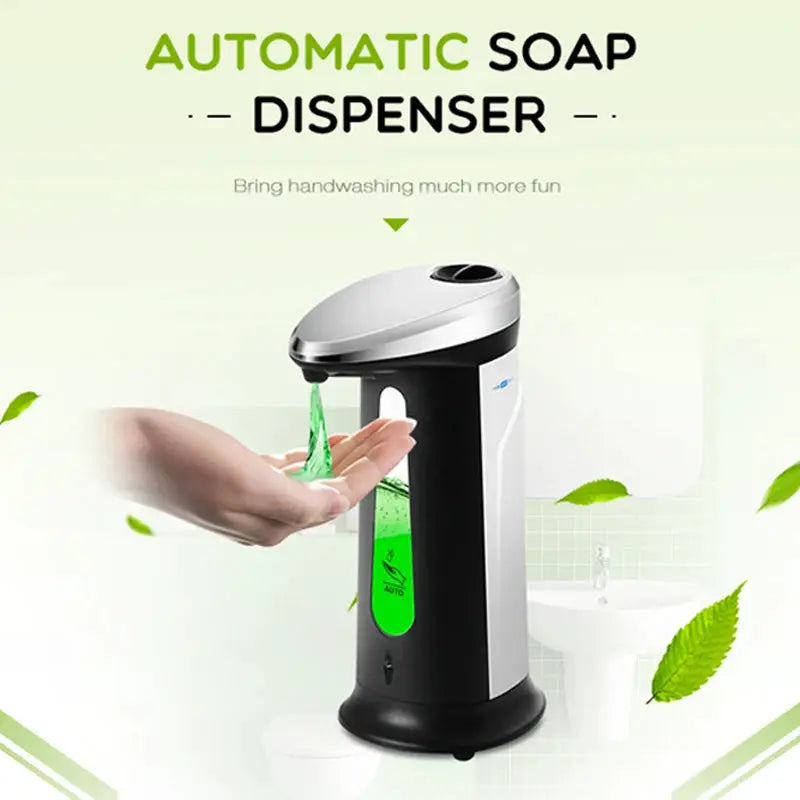 400ml automatic soap dispenser with touchless sensor, black body with silver top and green liquid