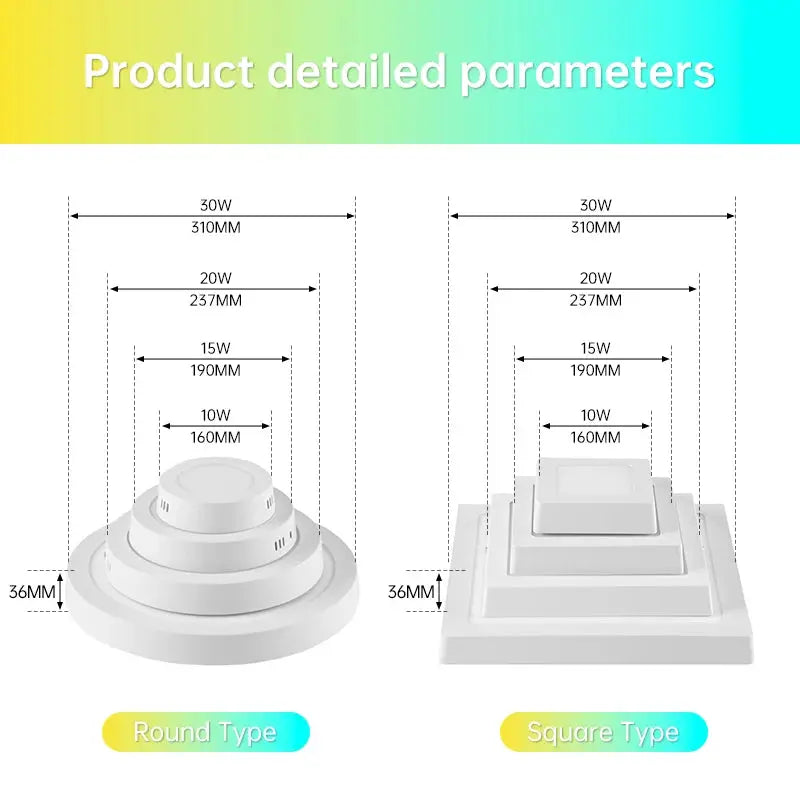 Two LED ceiling lamps: ultra-thin round and square white panels by Simples Market