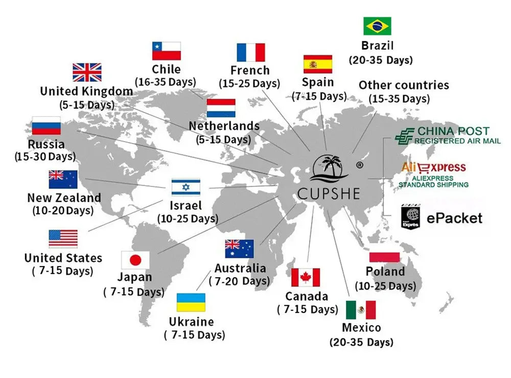 Japan Anime Bereserk gym bag on a Cupshe logo world shipping map with country flags and delivery times.