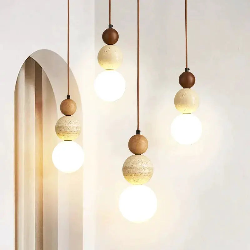 Cream style pendant lights, 4-pack with wood bead accents and LED bulbs