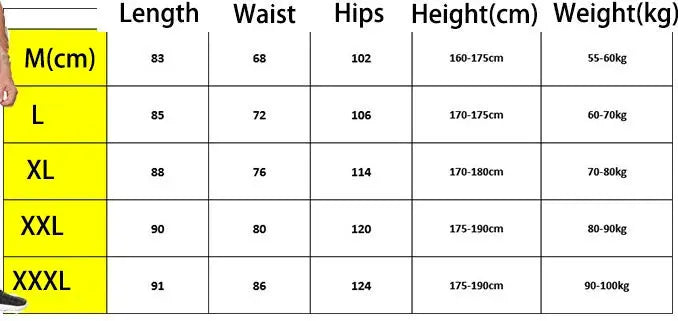 Simples Market Men's Sport Pants 2-in-1 tracksuits size chart with M-XXXL: length, waist, hips, height and weight ranges