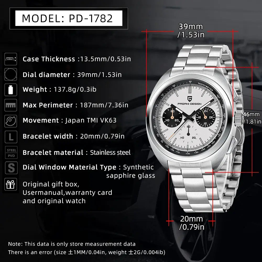 PAGANI DESIGN PD-1782 Panda dial men's stainless steel chronograph watch with sapphire glass