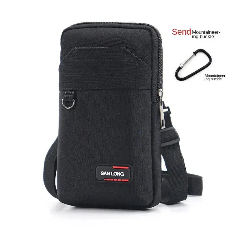 Men's black waterproof tactical waist pack by San Long with crossbody strap and phone pocket