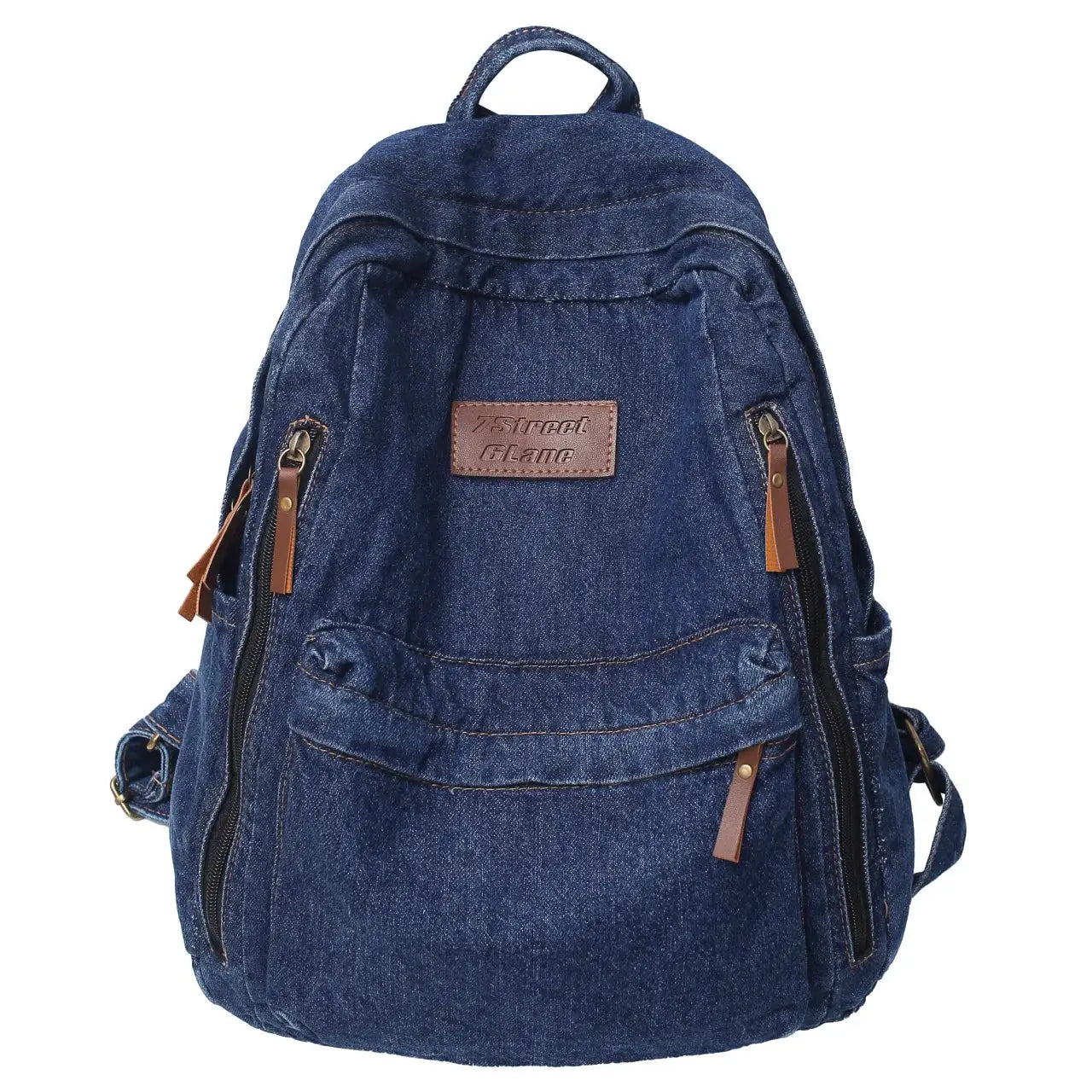 Denim fashion backpack by Simples Market; blue jeans fabric with multiple pockets and brown leather zipper pulls