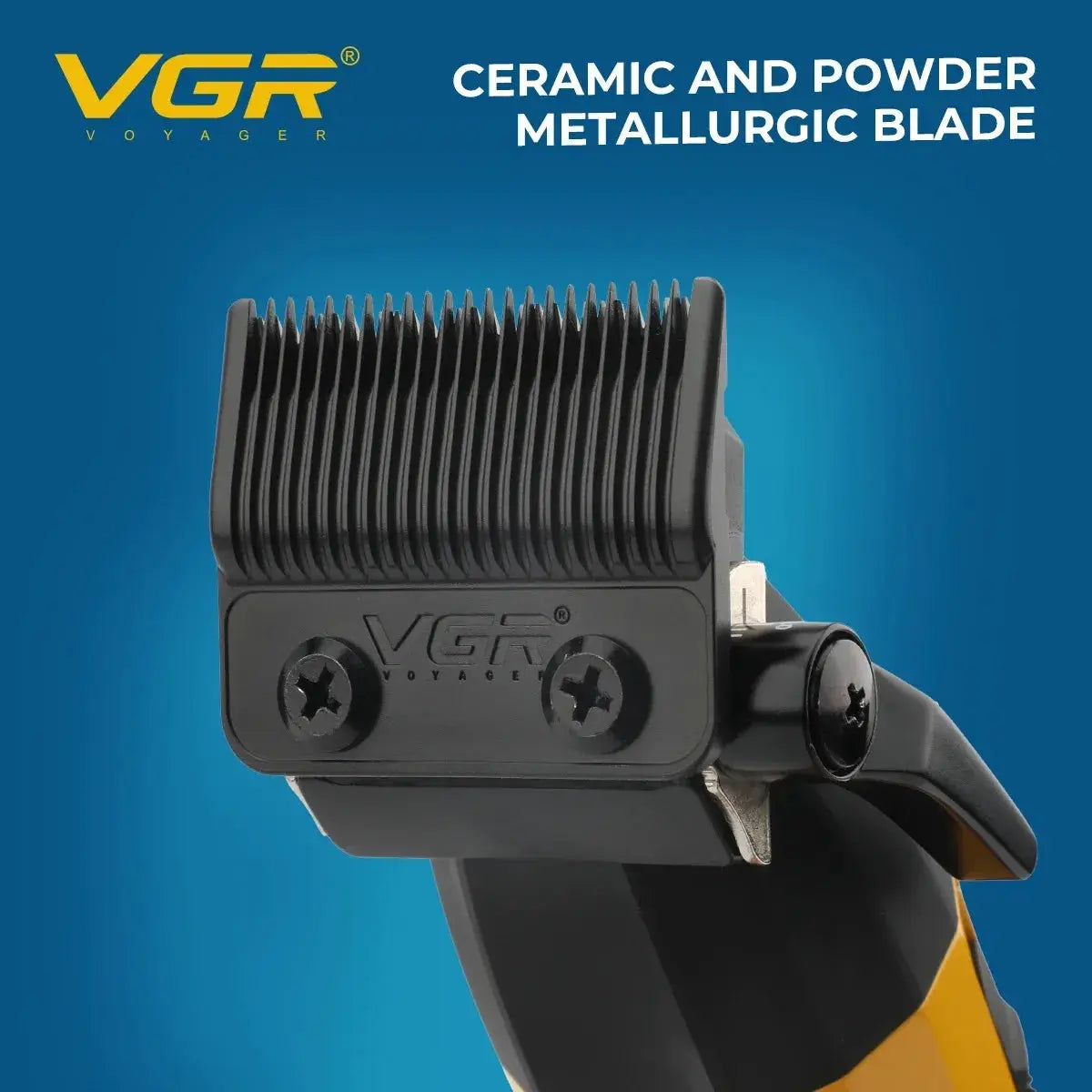 VGR hair trimmer with ceramic and powder-metallurgic blade and ridged comb attachment on a black and yellow body.