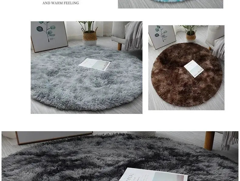 Round plush rug mats with fluffy thick pile in gray and brown; ideal for living room, bedroom or kid room decor (3 shown).