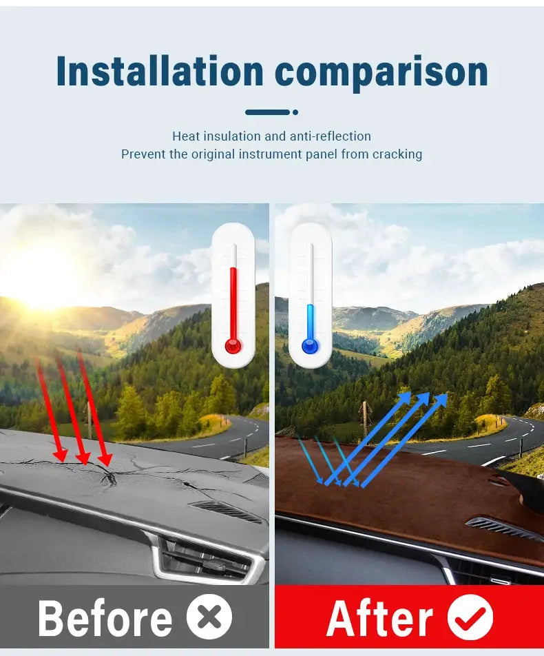 Dashboard sun shade cover for Toyota Corolla E210 by Simples Market; anti-slip mat shown in before/after comparison