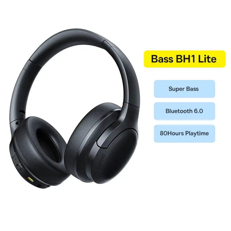 Baseus wireless over-ear headphones, black, Bluetooth 6.0, 40mm drivers, foldable, 80H playtime.