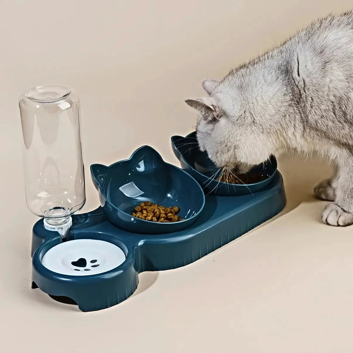 Simples Market 3-in-1 cat feeder and water station with gravity bottle; teal ear-shaped bowls