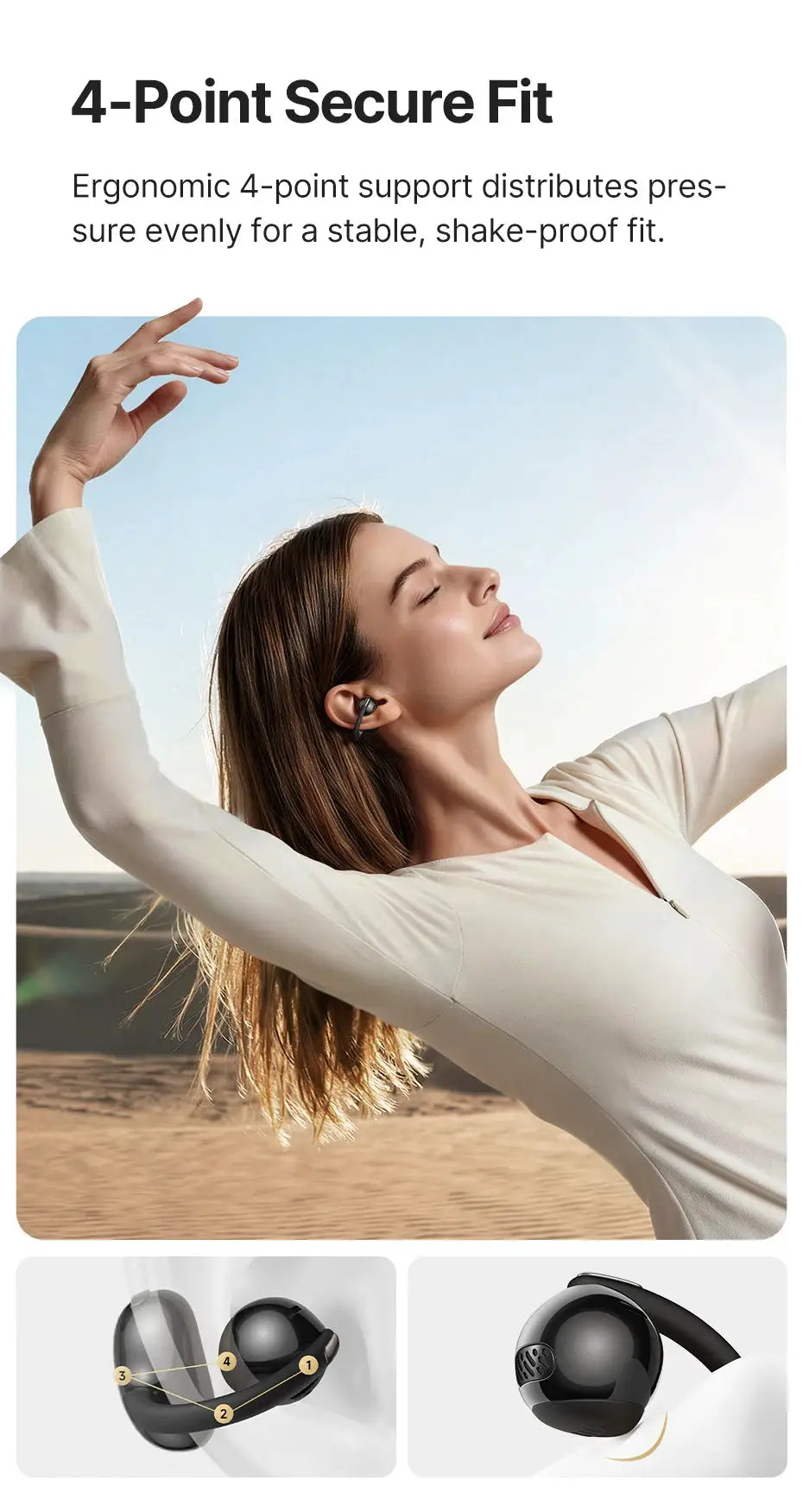 Baseus Bowie MC2 AIR clip-on TWS earbuds; black wireless earphones worn by a model