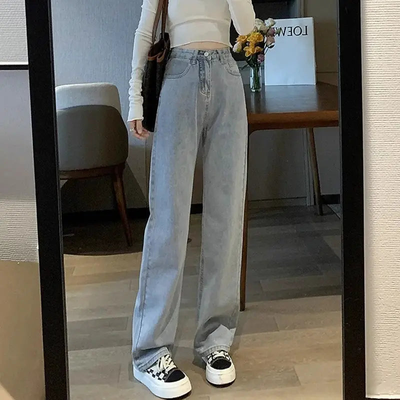 Womens Vintage Wide Leg Jeans High Waist Denim Pants Black Grey Blue