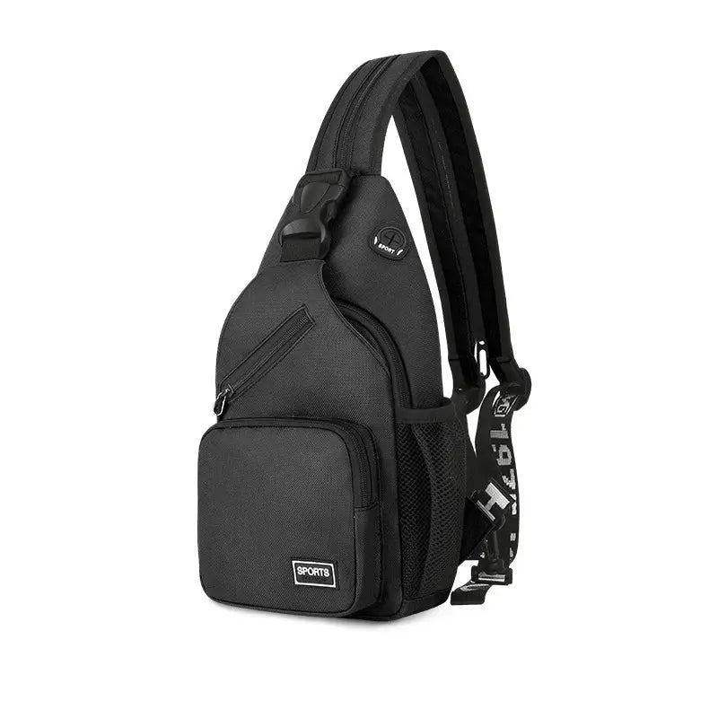 Simples Market black Oxford sling chest bag with front zip pocket and mesh side pocket