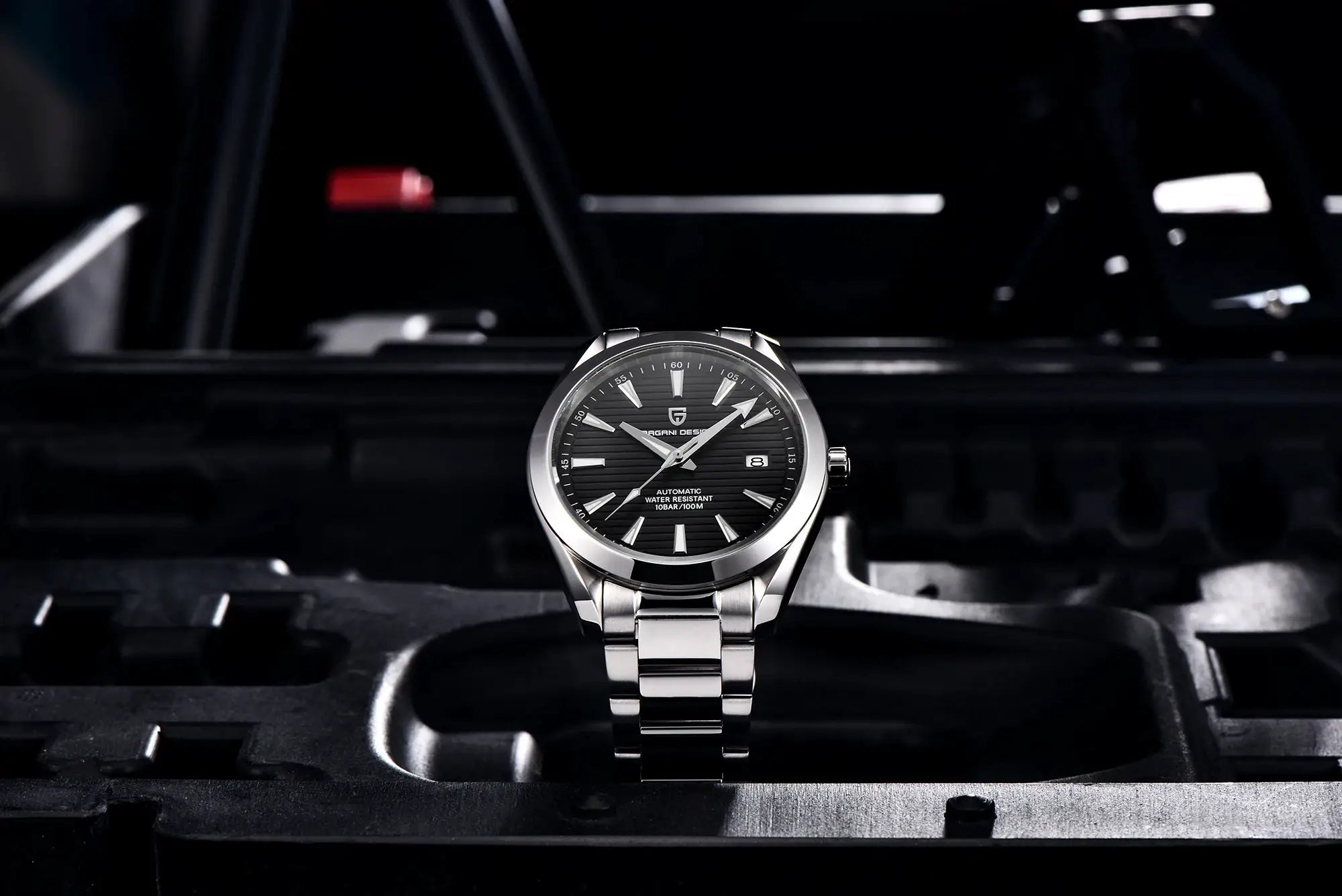 PAGANI DESIGN A150 40mm stainless steel men's automatic watch with black dial and date window