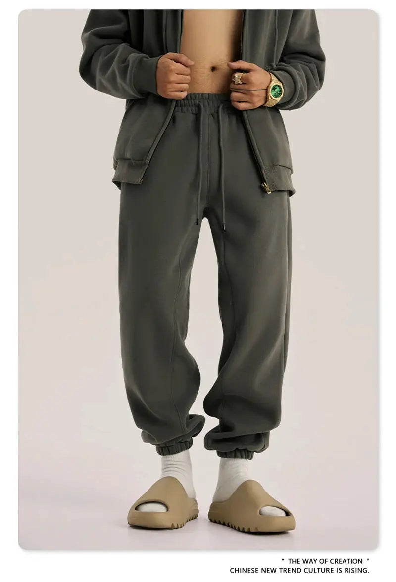 ZODF fleece sweatpants, 345gsm, unisex loose-fit joggers with drawstring, elastic cuffs, pockets