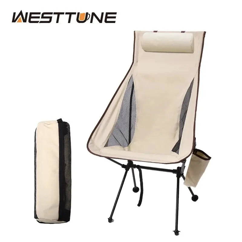 WESTTUNE portable folding camping chair with headrest, beige fabric, mesh panels, aluminum frame, with carry bag