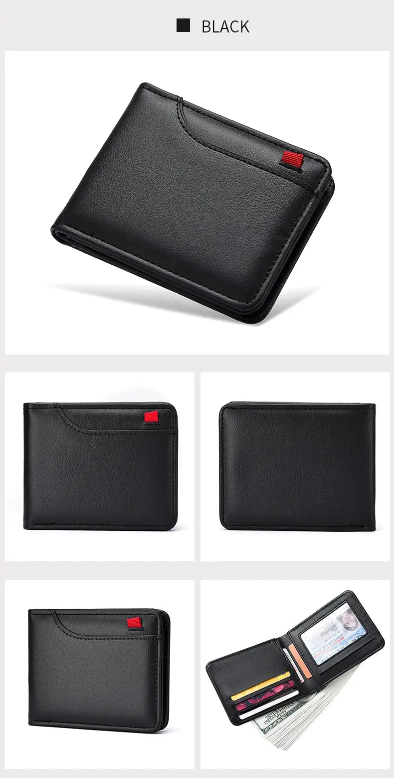 Men's black leather wallet by Simples Market, vertical multi-card holder with red accent