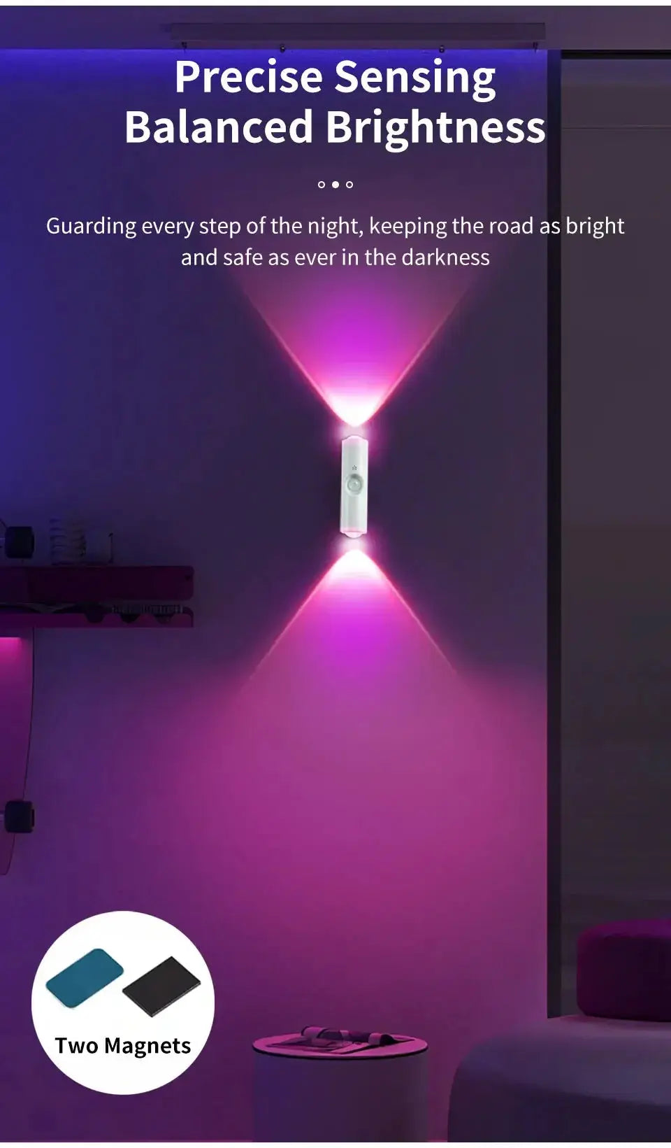 Smart RGB gradient wall light with motion sensor, rechargeable; white unit casts pink-purple glow; two magnets