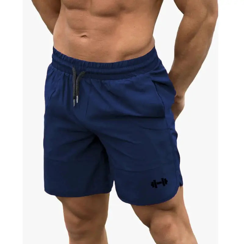 Men's navy blue athletic shorts with drawstring; gym/workout wear with logo on leg