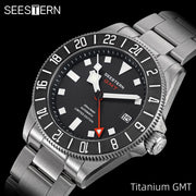 Seestern titanium GMT diver watch with stainless steel bracelet, black dial, red GMT hand, 24-hour bezel