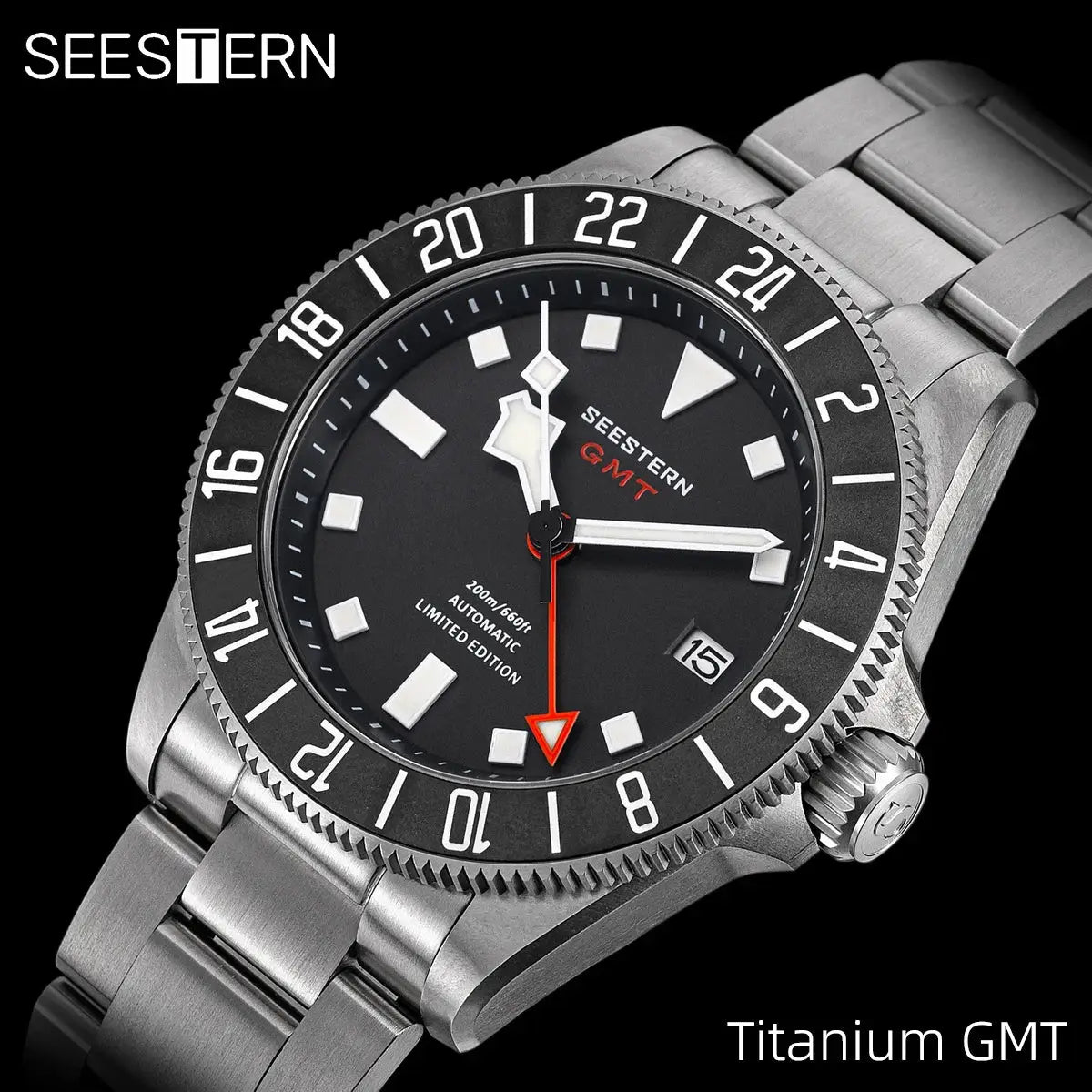 Seestern titanium GMT diver watch with stainless steel bracelet, black dial, red GMT hand, 24-hour bezel