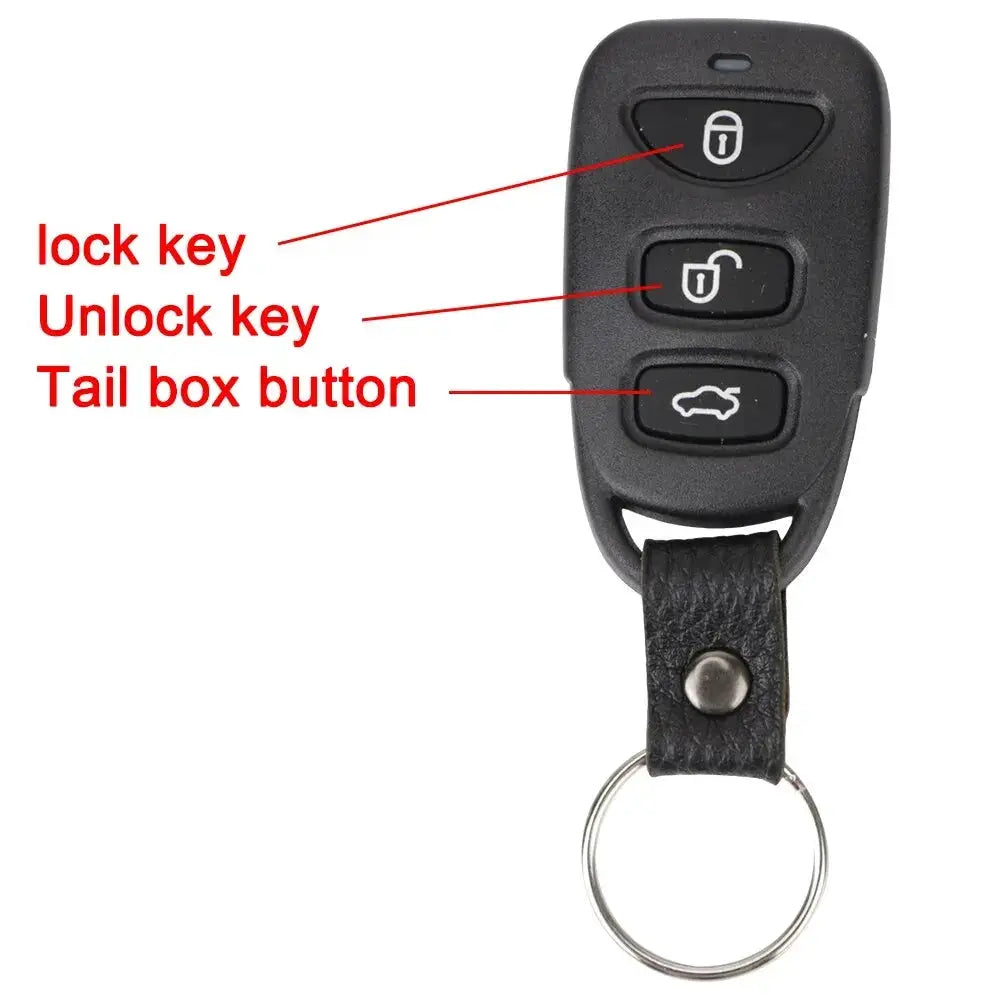 Car remote key fob with black plastic body, leather strap and keyring; features lock, unlock, and trunk buttons