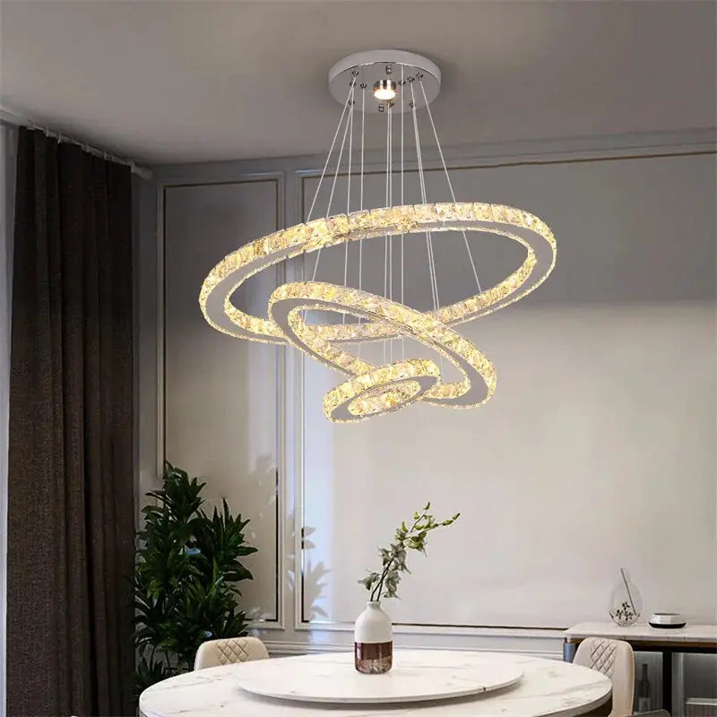 Modern crystal ring LED chandelier, chrome lustre pendant with remote-dimmable intertwined circular rings