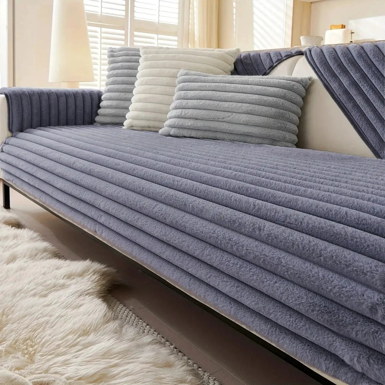 Sofa slipcover set in thick plush striped fabric, blue-gray with matching plush cushions