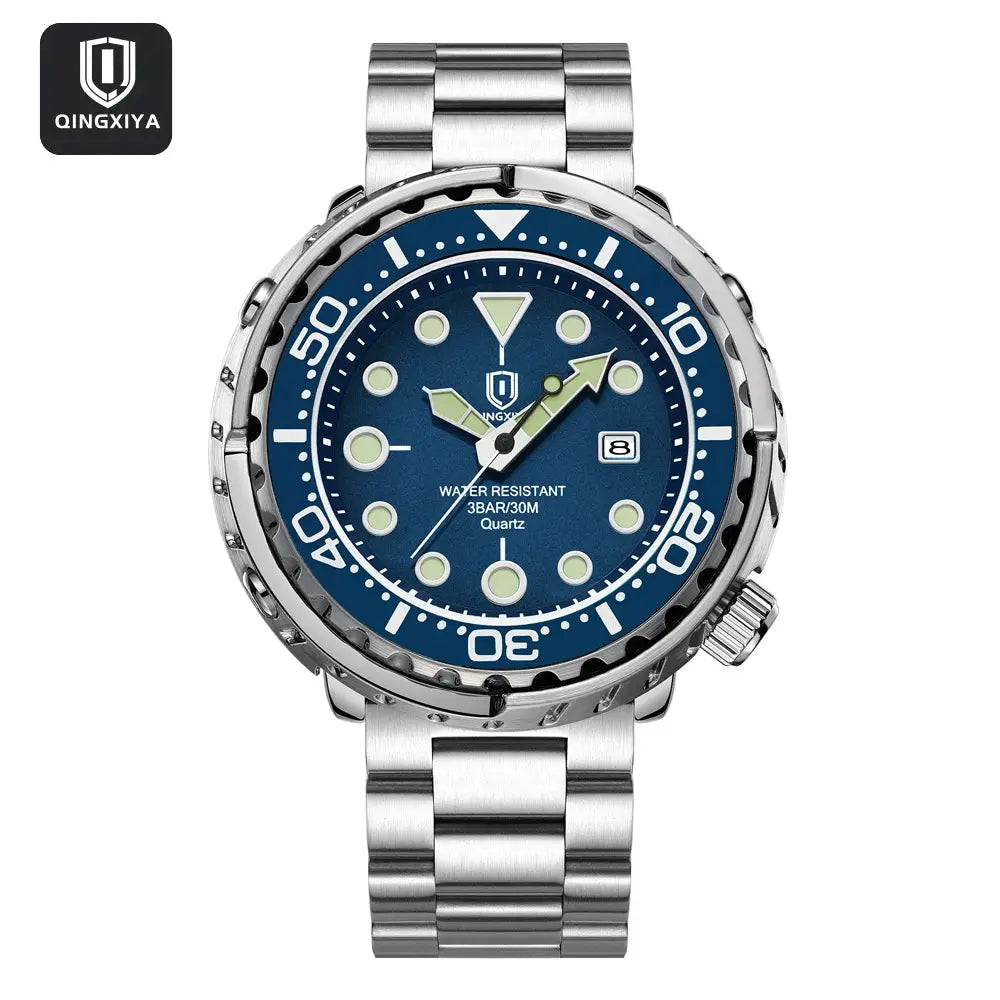 Men's stainless steel luxury quartz wristwatch by QINGXIYA with blue dial, luminous markers, and date window