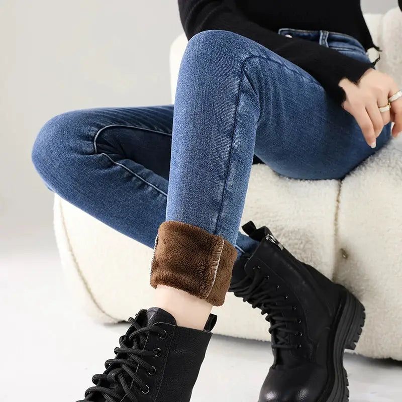 Women Thermal Jeans Fleece Lined Warm Stretch Slim Fit Pants Korean