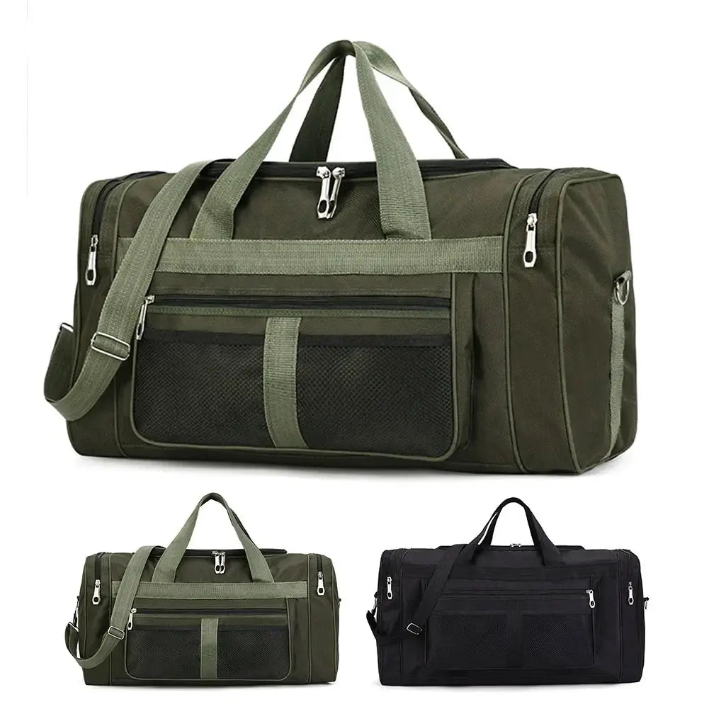 Olive green Oxford gym bag with dry-wet separation, large capacity, top handles and detachable strap (three bags shown)