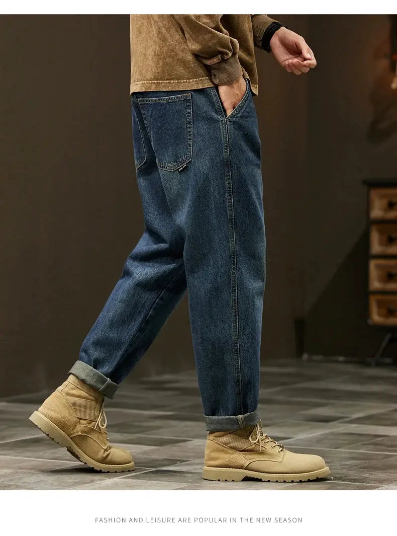 Men's loose denim jeans with baggy harem fit, blue, 95% cotton, Simples Market