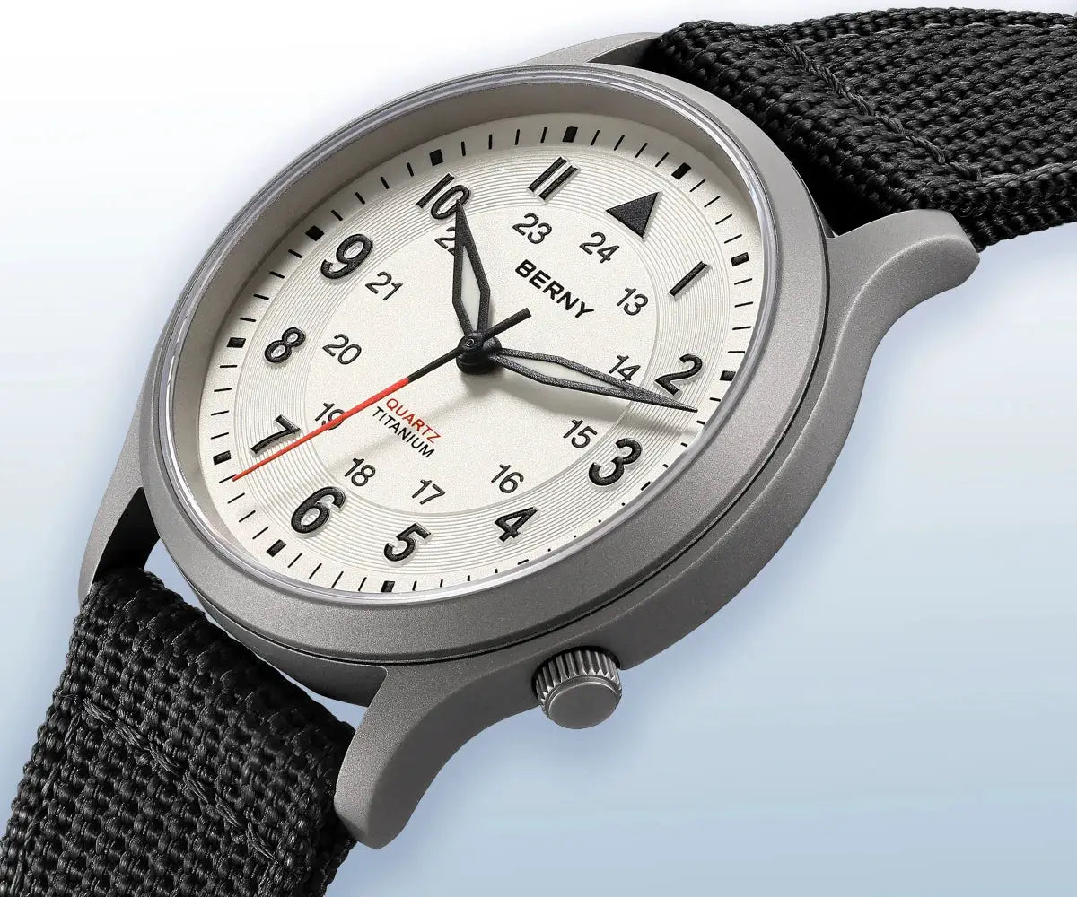 BERNY titanium men's field watch with black fabric strap and white dial with black numerals