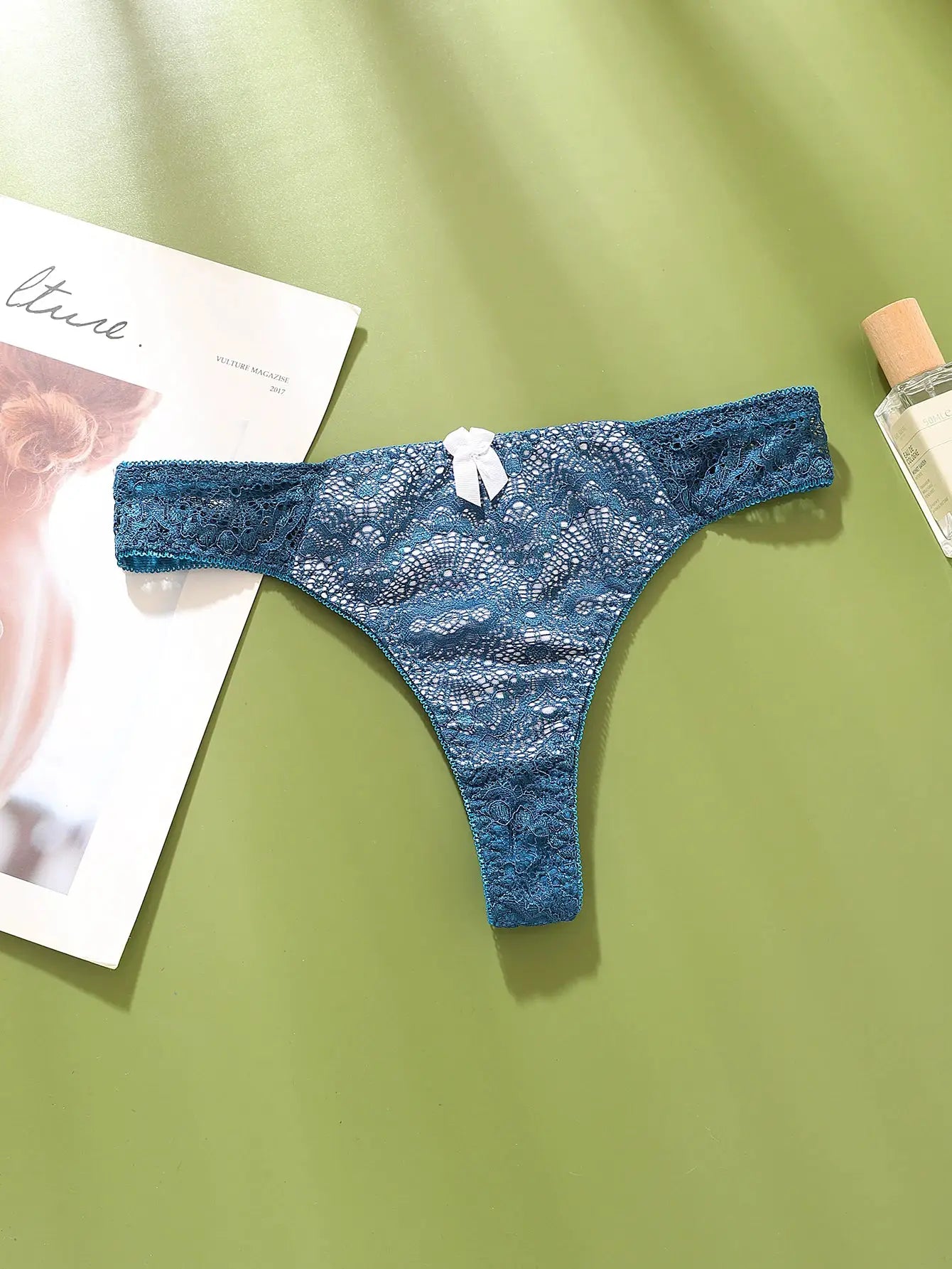 Blue lace G-string thong with white bow by Simples Market