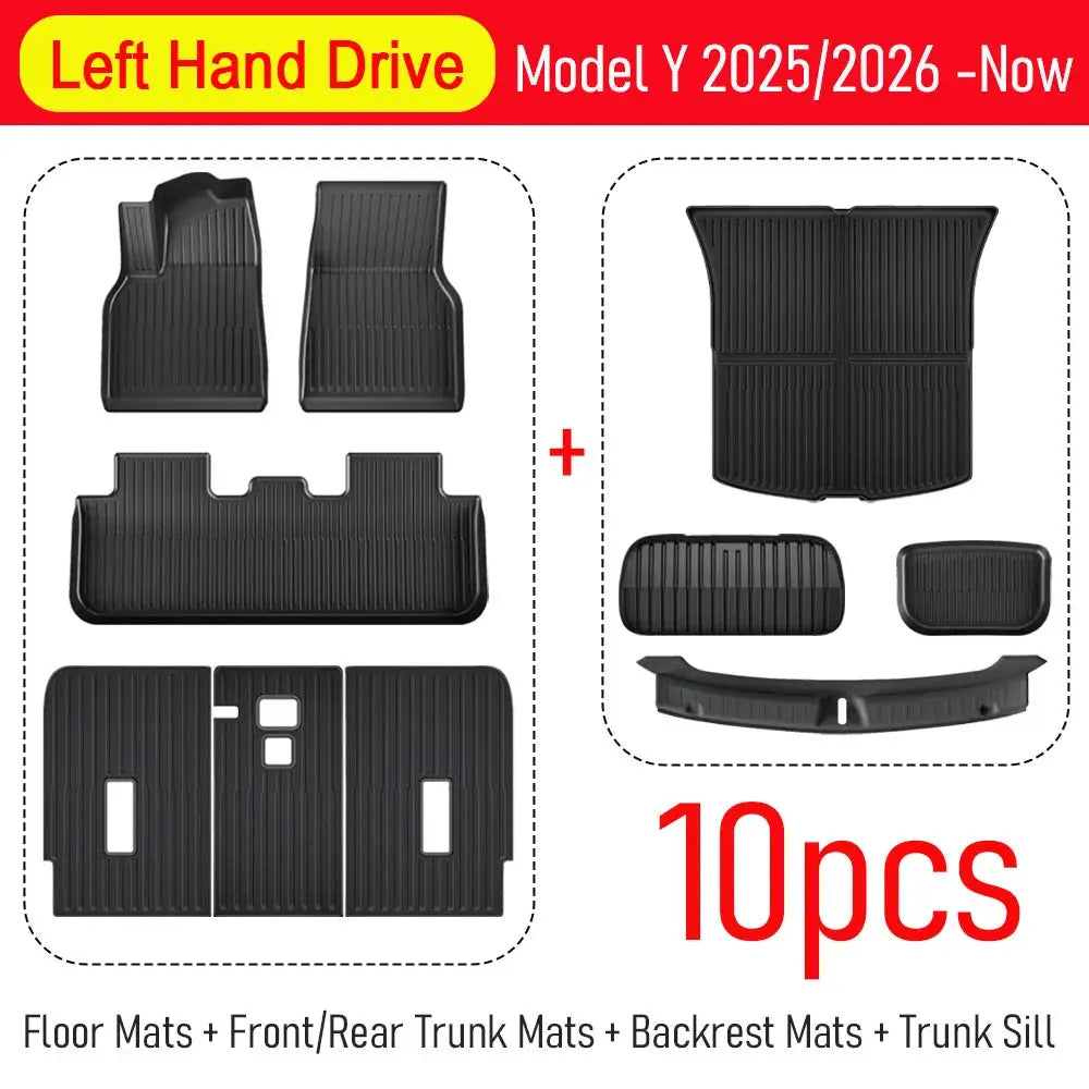 Tesla Model Y floor mats set for 2025–2026, black TPE, 10 pieces including front, rear, cargo/trunk mats and backrest pads
