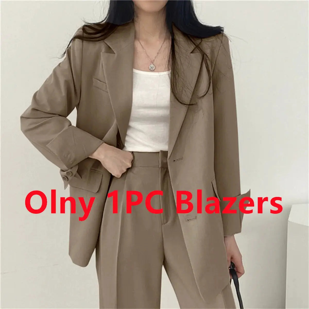 Beige women's suit blazer and wide-leg pants set with white top for office wear