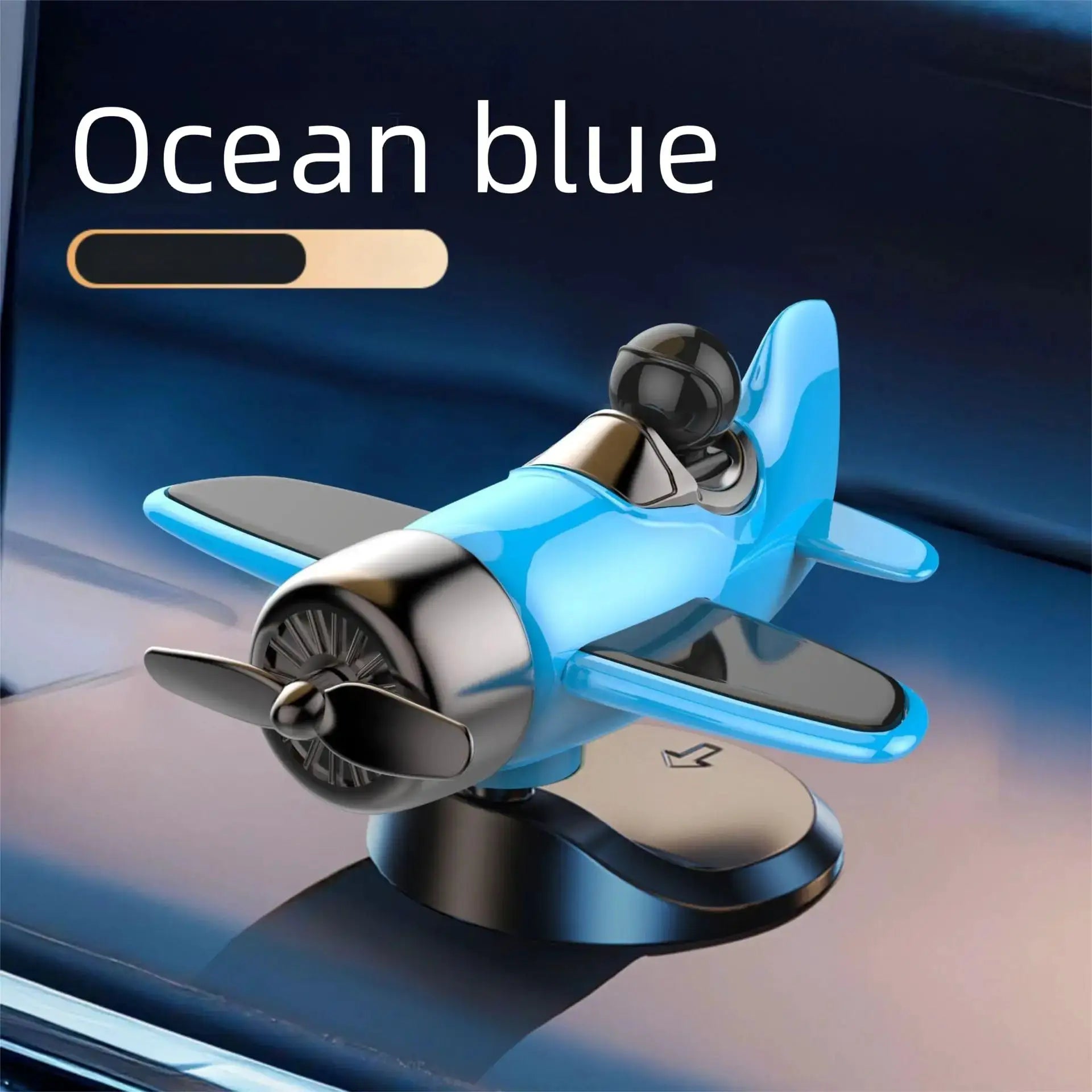 Solar powered rotating airplane dashboard ornament in blue with 360° spin for car interior