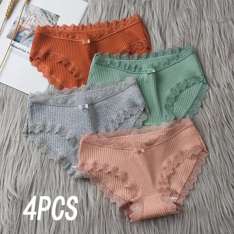 4-pack lace wavy-trim bikini panties in orange, green, gray, peach; ribbed knit with lace trim.