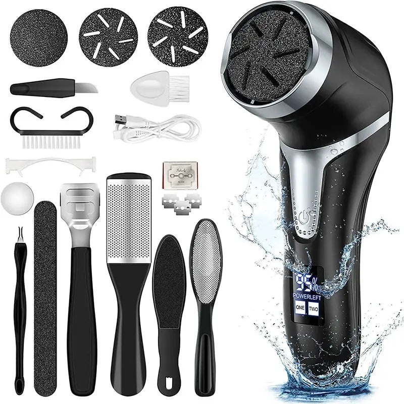 Electric pedicure tool kit by Simples Market with 12 attachments for feet, black handheld device with silver trim