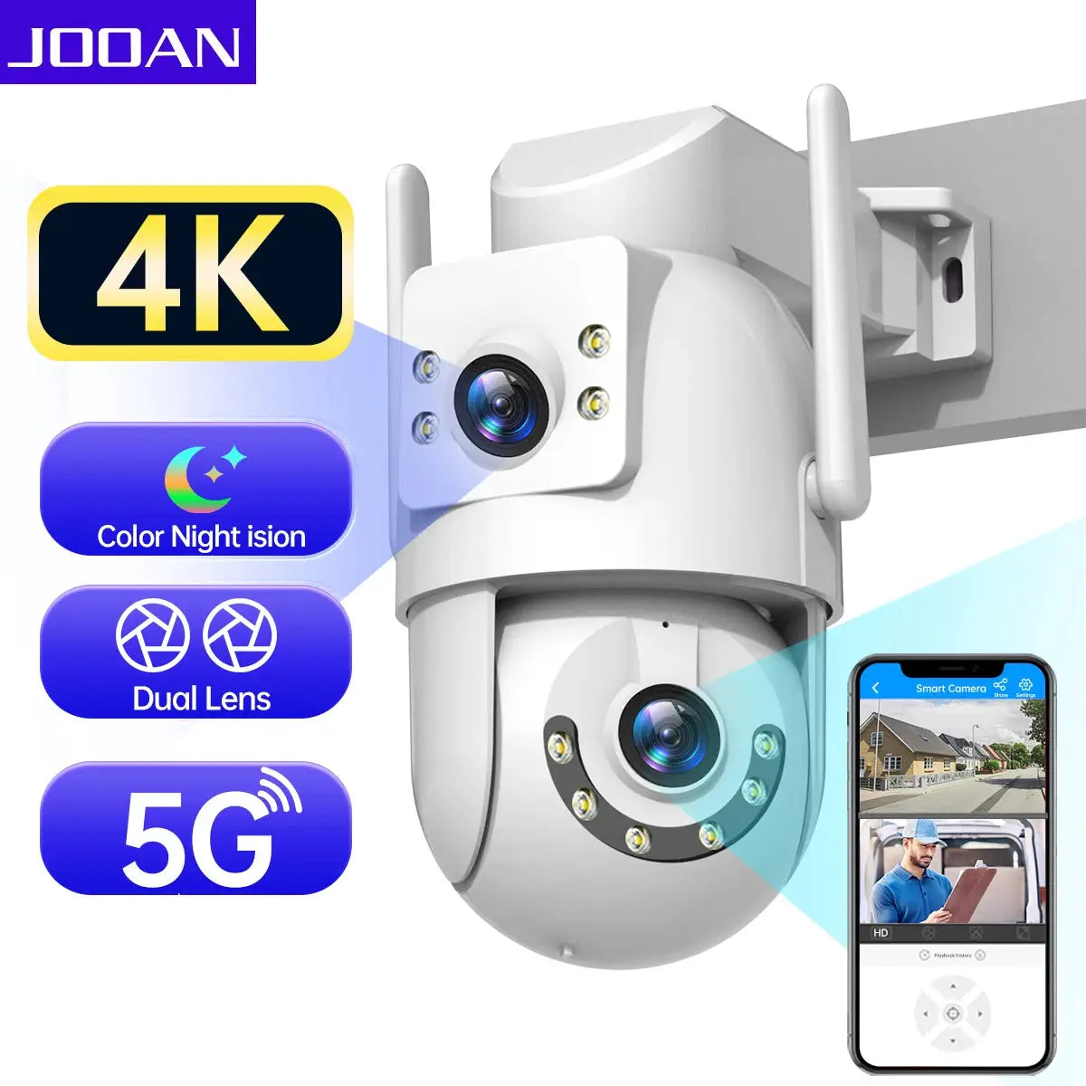 JOOAN outdoor 4K WiFi PTZ security camera, dual lens, 5G, Simples Market