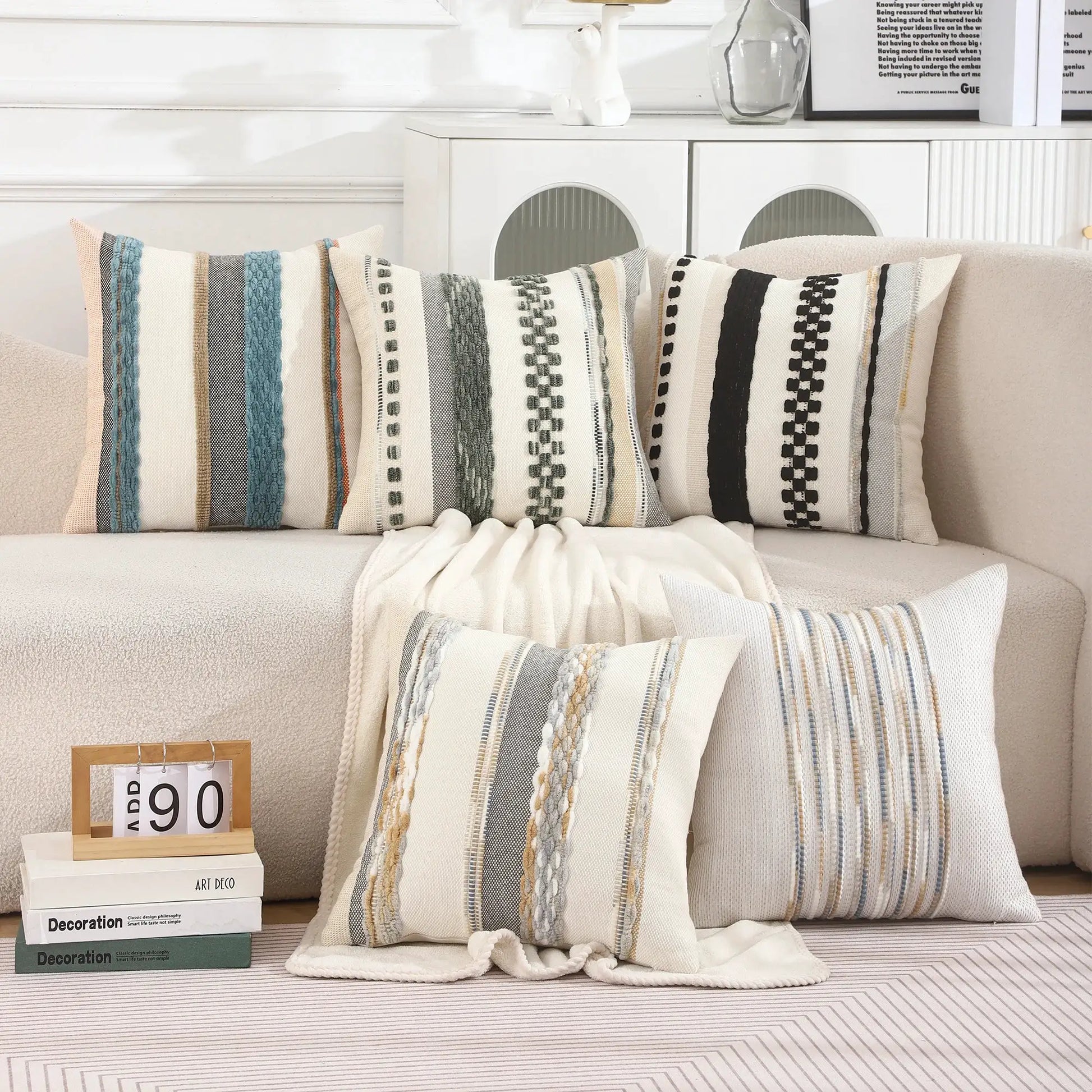 Boho striped throw pillow covers 18x18 by Simples Market, beige/cream with blue and charcoal chenille accents