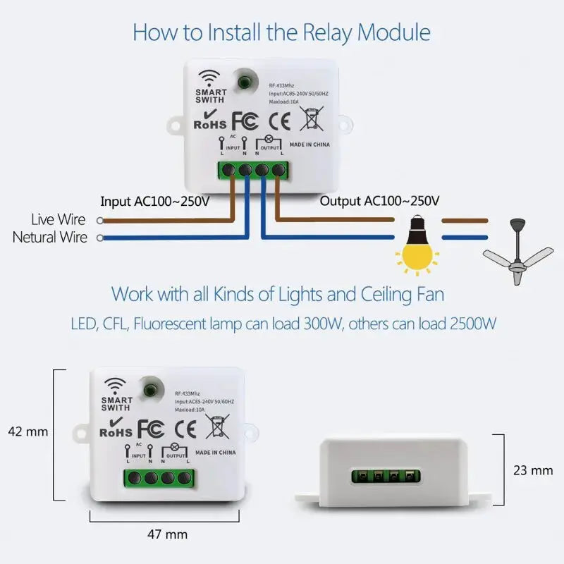 Simples Market white wireless RF433 switch module for 1-3 gang wall light switch, 10A 110-250V
