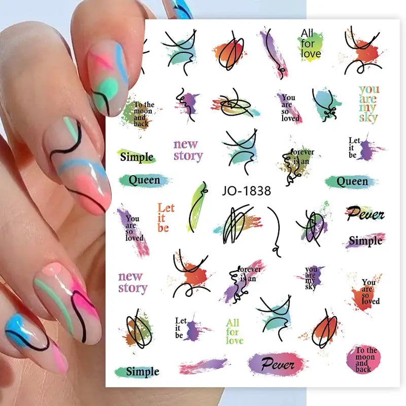 Nail art decals sheet by Simples Market; 1pc colorful bronze-striped geometric lines and abstract brush-stroke designs for nails