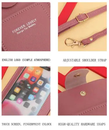 Simples Market women's soft leather crossbody handbag with touchscreen phone pocket, pink color, adjustable strap.