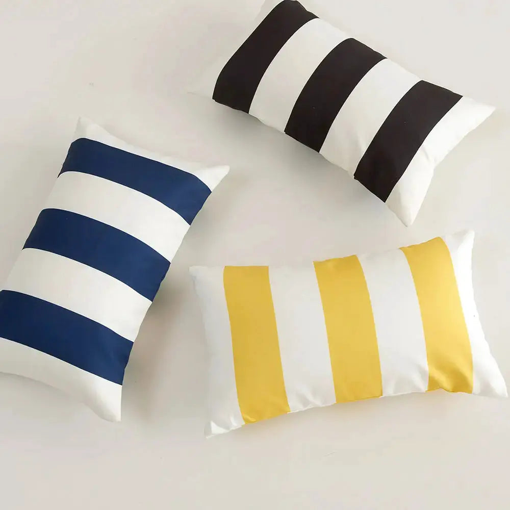 Set of 3 waterproof outdoor pillow covers, striped navy, yellow, and black on white, 45x45 cm
