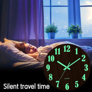 12-inch wooden wall clock with mint-green luminous numerals and night-light, silent quartz