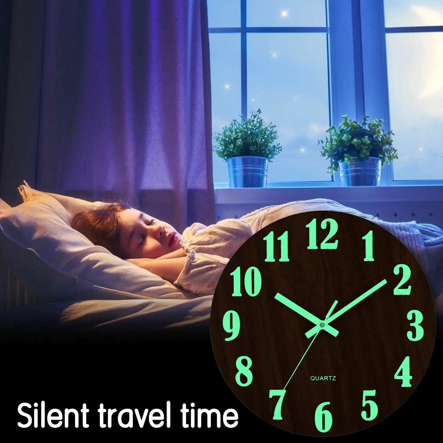 12-inch wooden wall clock with mint-green luminous numerals and night-light, silent quartz